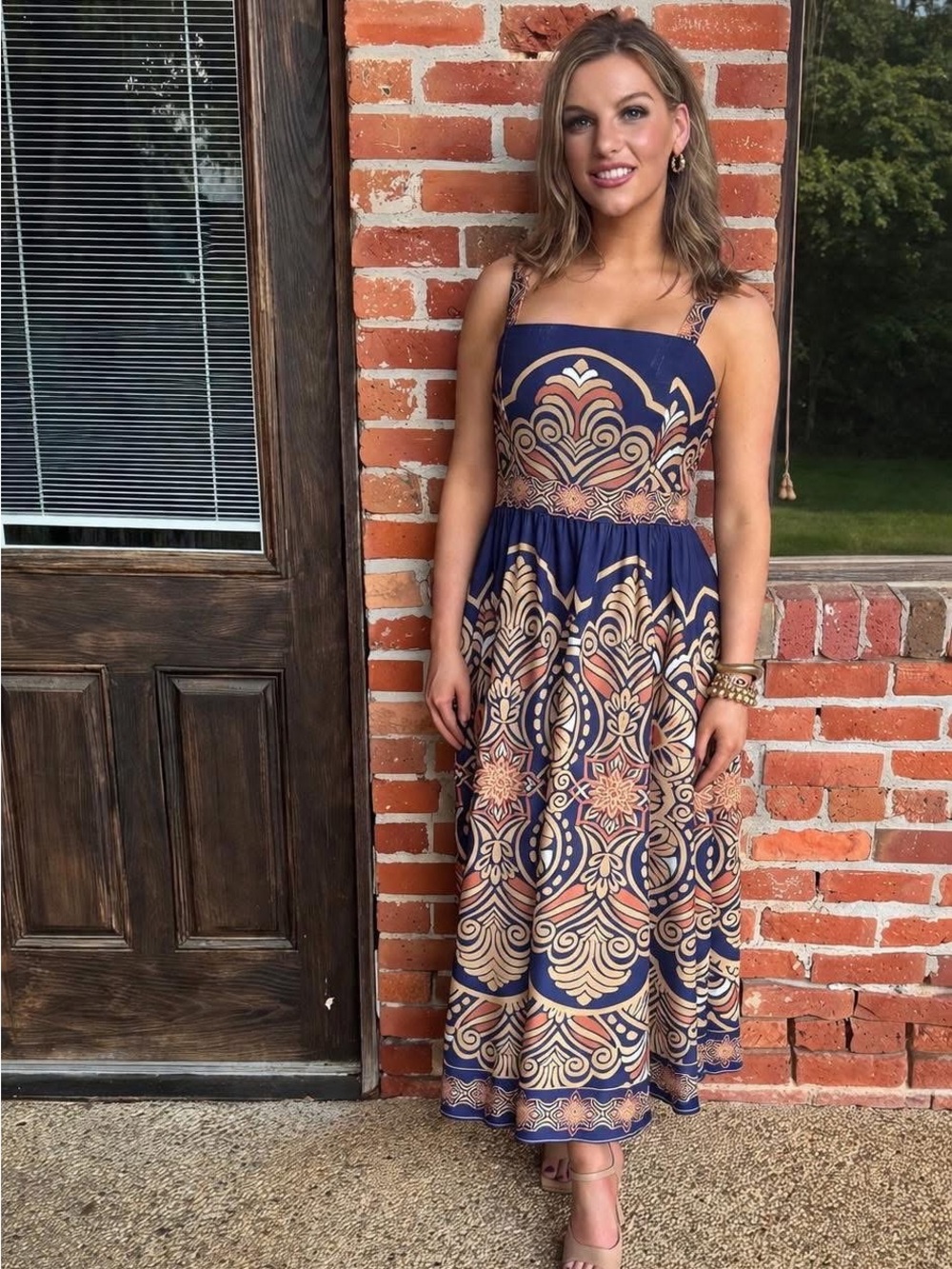 Flying Tomato Navy and Cream Printed Maxi Dress with Spaghetti Straps